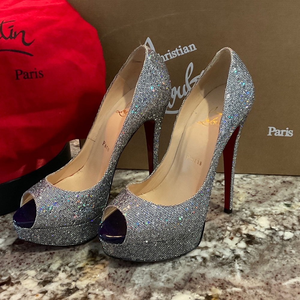Christian Louboutin Glittering Silver Peep Toe Heels